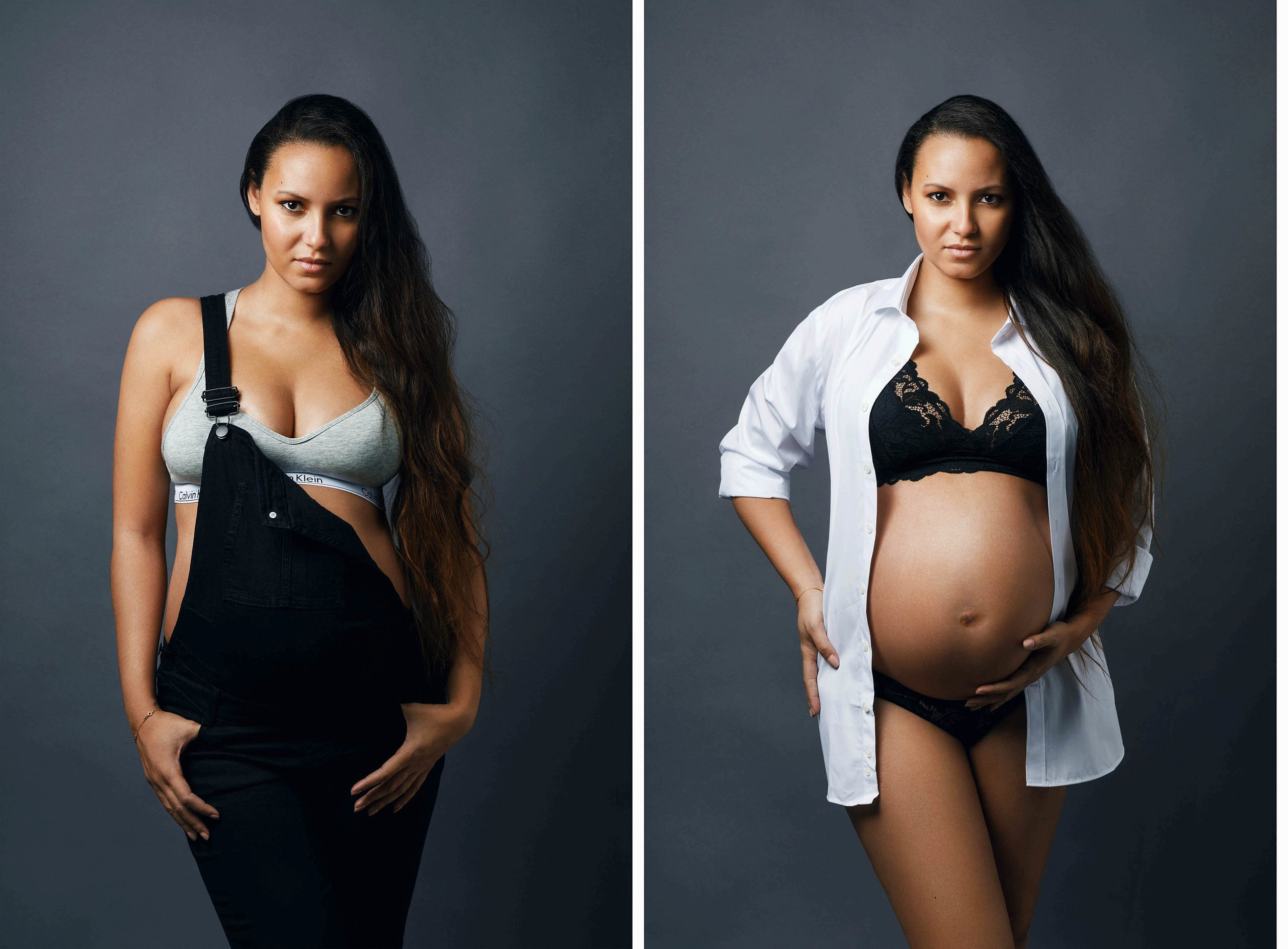 Photographe-femme-enceinte-grossesse-en-chemise-et-sous-vetement-photo-studio-salopette